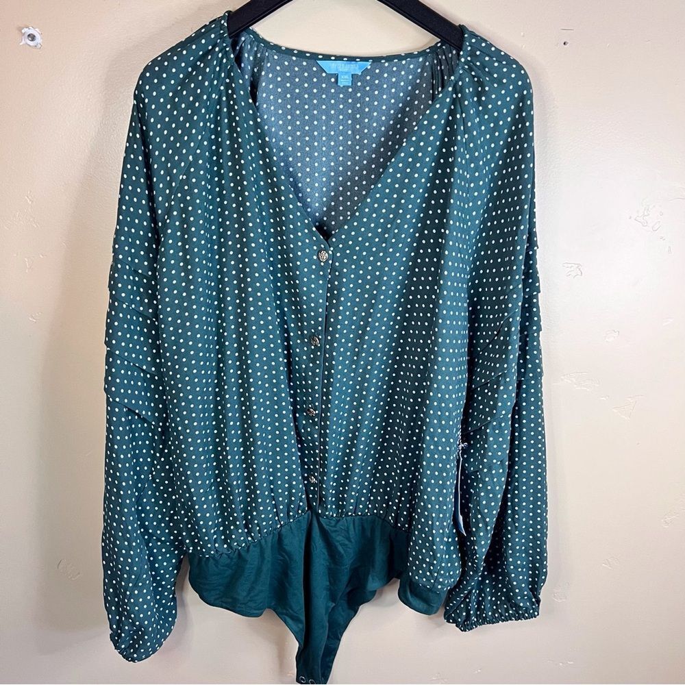 NWT Draper James RSVP Womens Blouse Bodysuit Green Polka Dots‎ Size XXL Career
